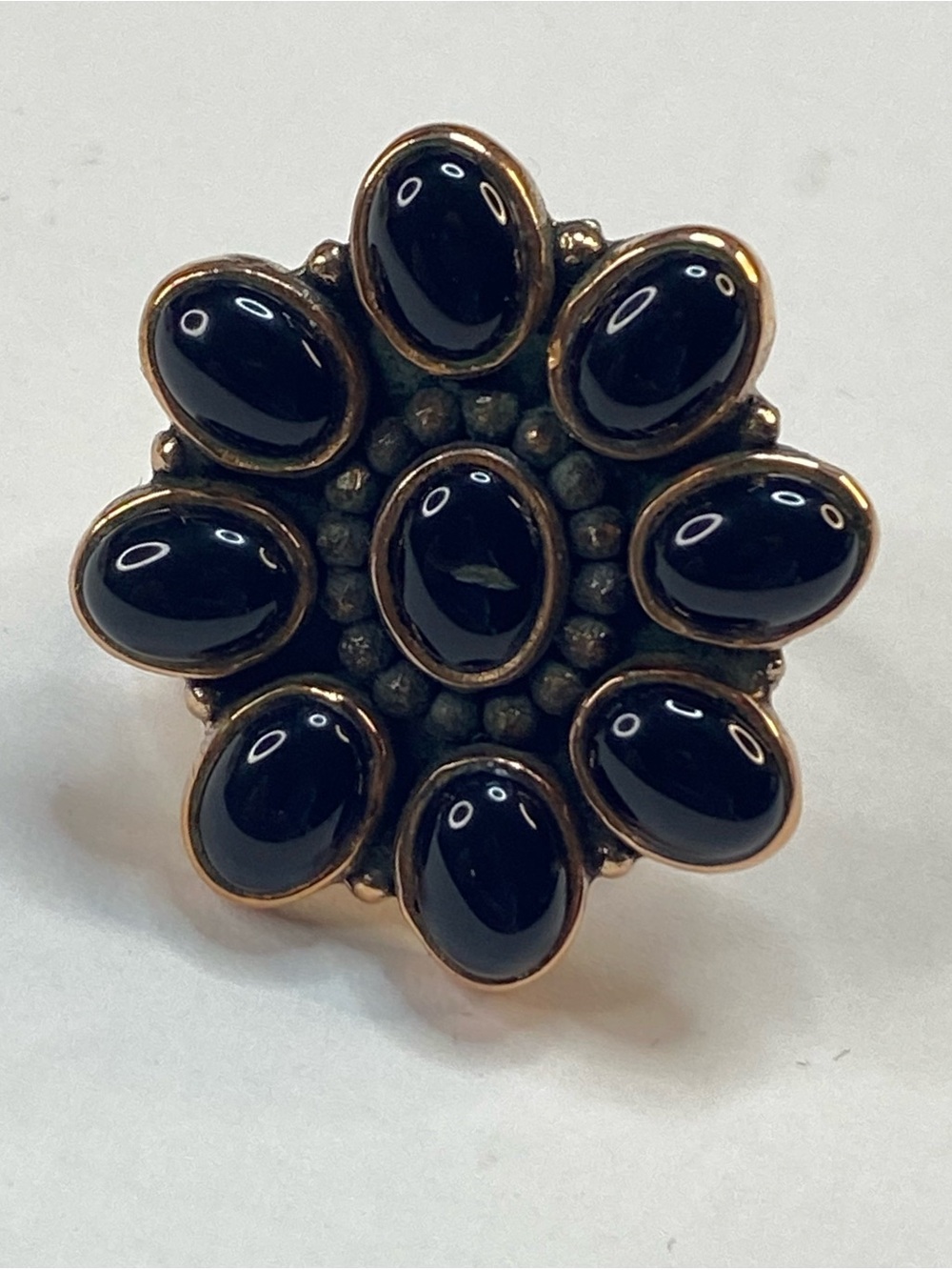 New Solid Copper Black Onyx Adjustable Flower Ring Boho Southwestern